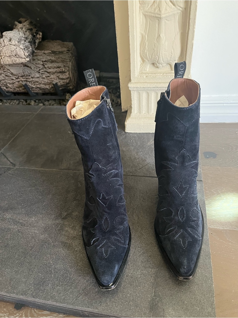 Sartore Navy Suede Embroidered Western Ankle Boots - Women's